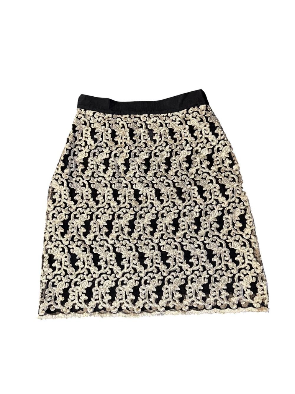 Cynthia Rowley Metallic Gold Lace Overlay about knee Skirt Black Dressy Size 4